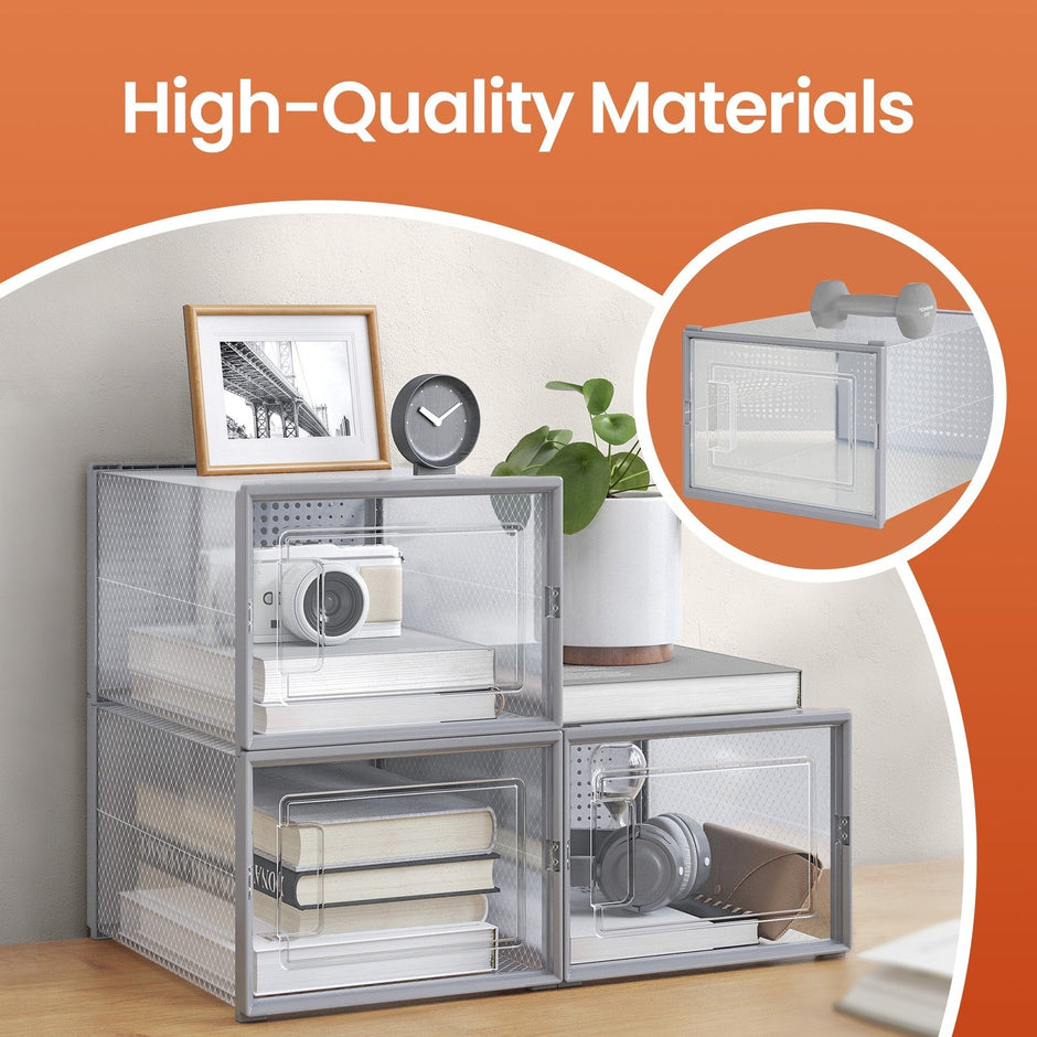 Shoe Storage Organizers – Plastic – Transparent and White – Set of 18 Stackable and Foldable Boxes