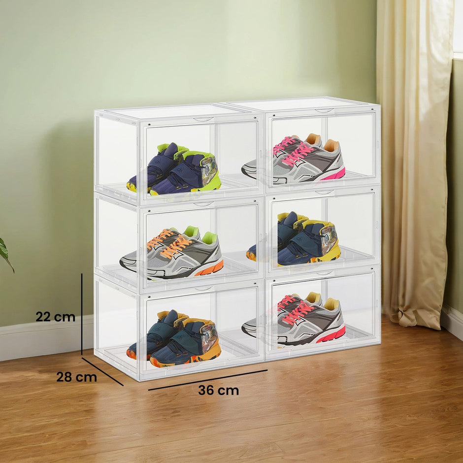 Set of 6 Plastic Shoe Organisers – Transparent – Stackable Design – Fits UK Size 11