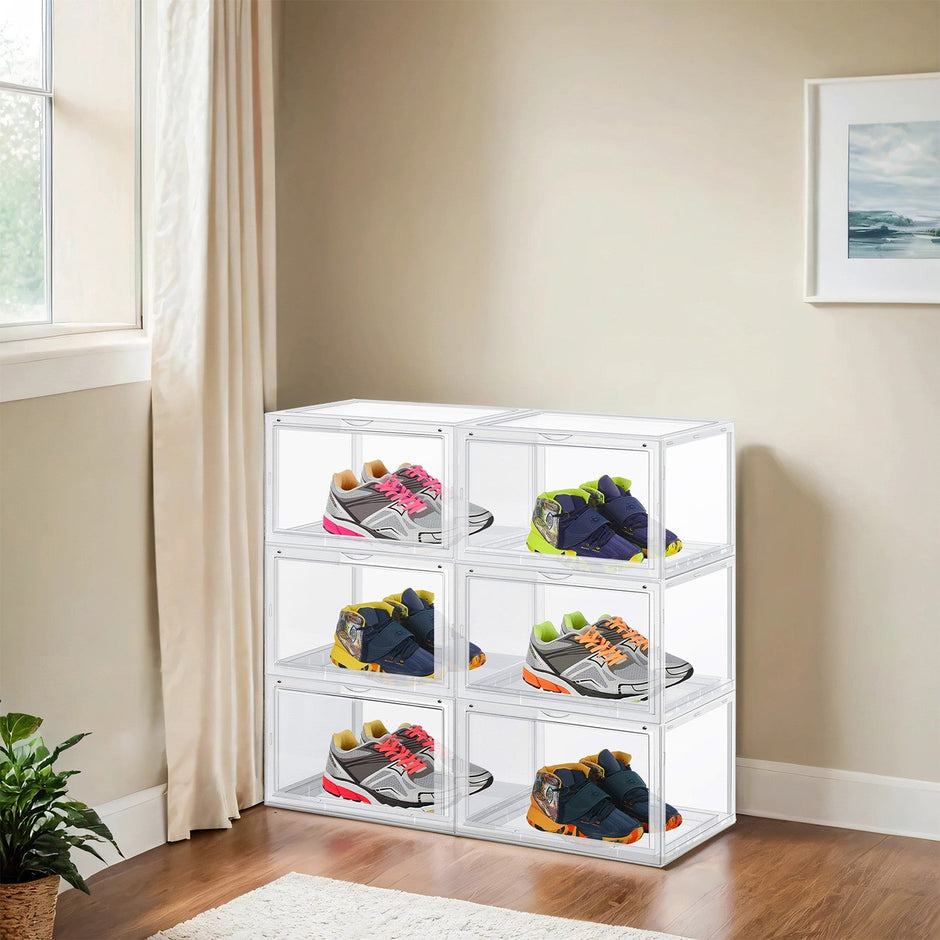 Set of 6 Plastic Shoe Organisers – Transparent – Stackable Design – Fits UK Size 11