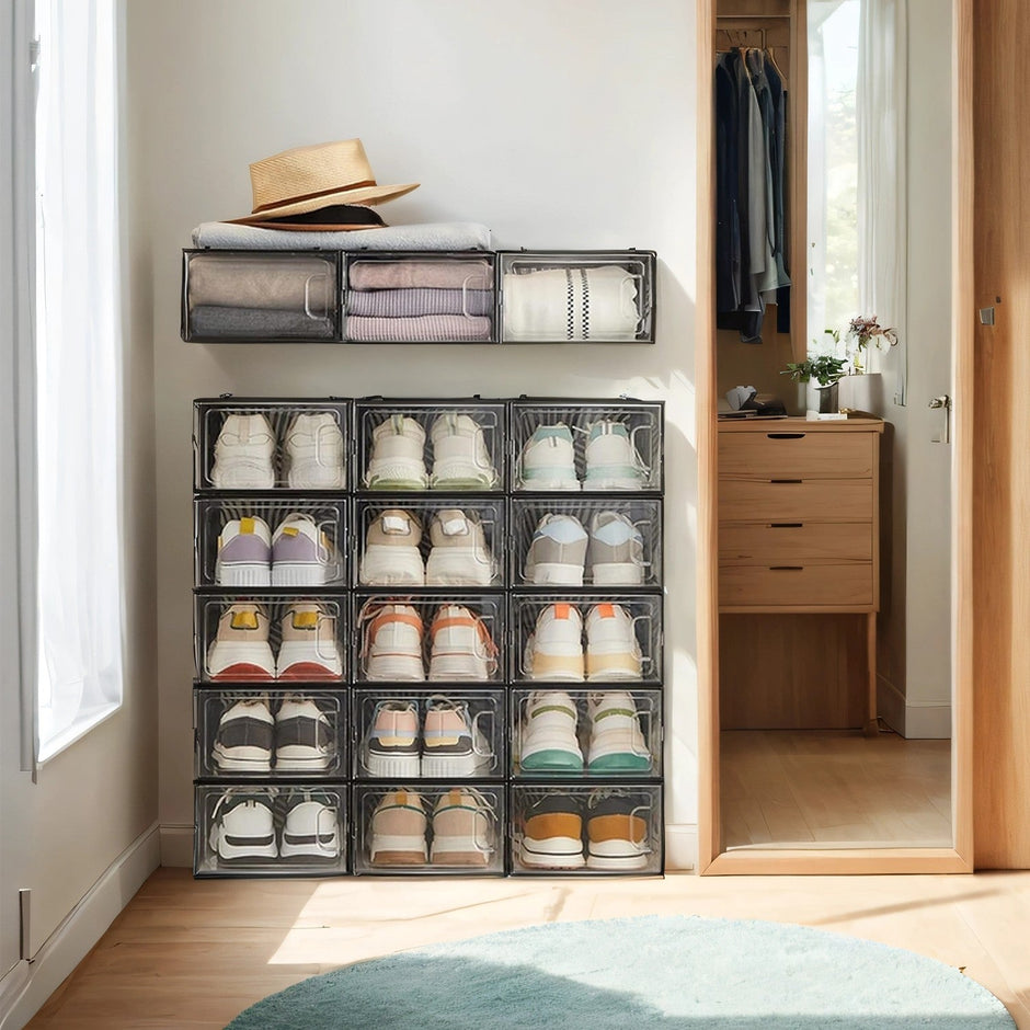 Shoe Storage Box Set – Clear Plastic – Transparent – Stackable and Foldable, Fits UK Size 11