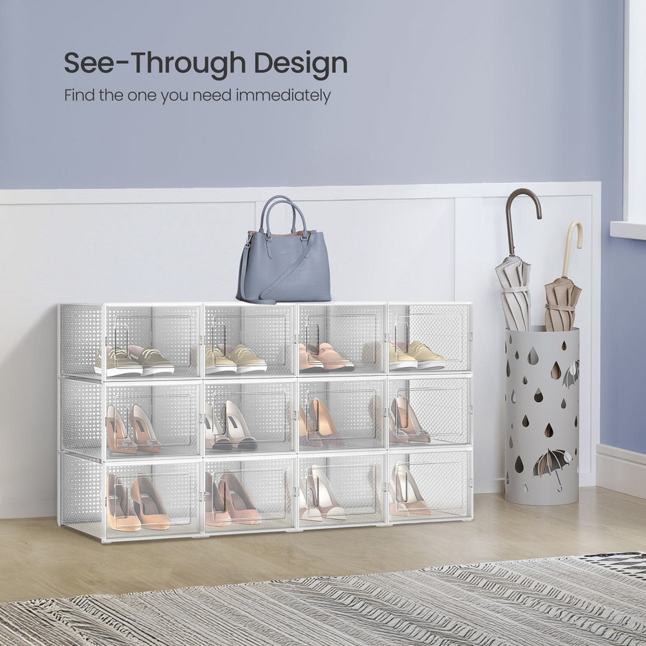 Stackable Shoe Storage Organizers – Plastic – Transparent and White – Pack of 12, Fits UK Size 11
