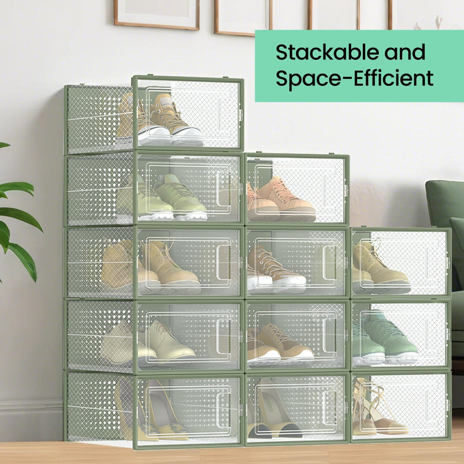 Shoe Storage Organizers – Transparent and White – Pack of 12 – Stackable Design, Fits UK Size 11