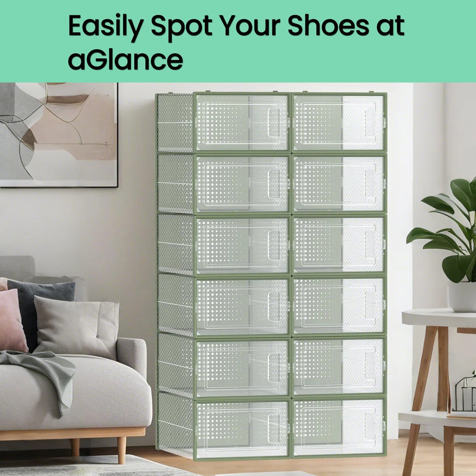 Shoe Storage Organizers – Transparent and White – Pack of 12 – Stackable Design, Fits UK Size 11