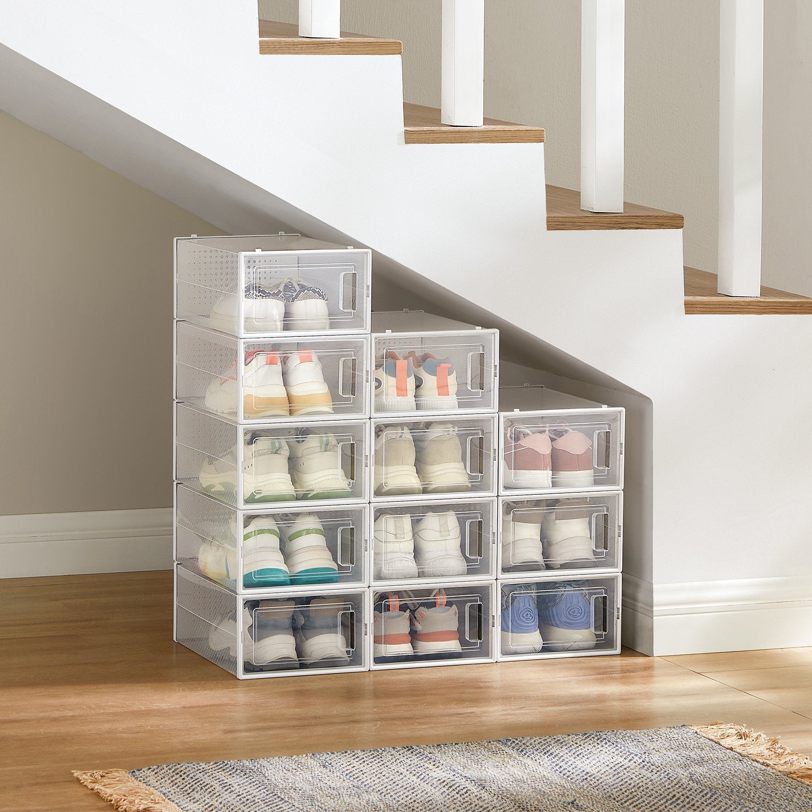 Shoe Storage Organizers – Transparent and White – Pack of 12 – Stackable Design – Suitable for UK Size 11
