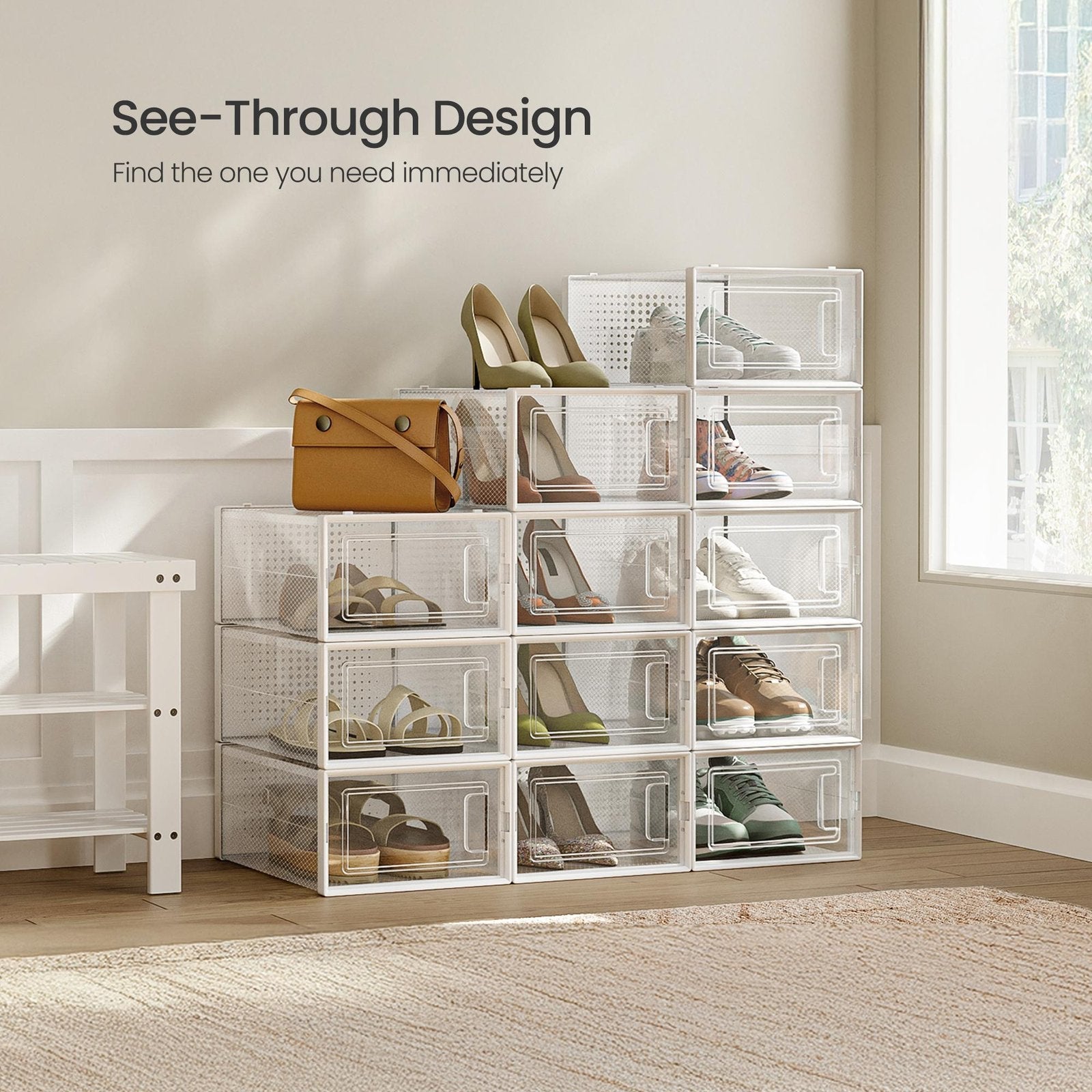 Shoe Storage Organizers – Transparent and White – Pack of 12 – Stackable Design – Suitable for UK Size 11