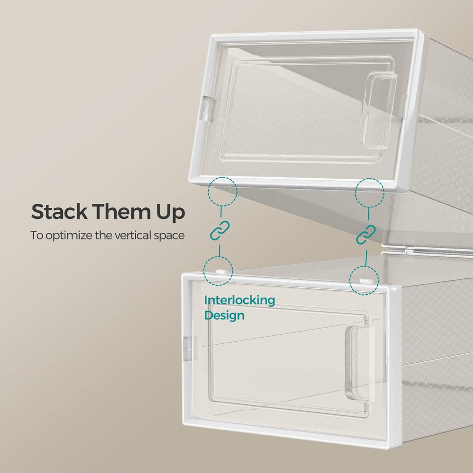 Shoe Storage Organizers – Transparent and White – Pack of 12 – Stackable Design – Suitable for UK Size 11