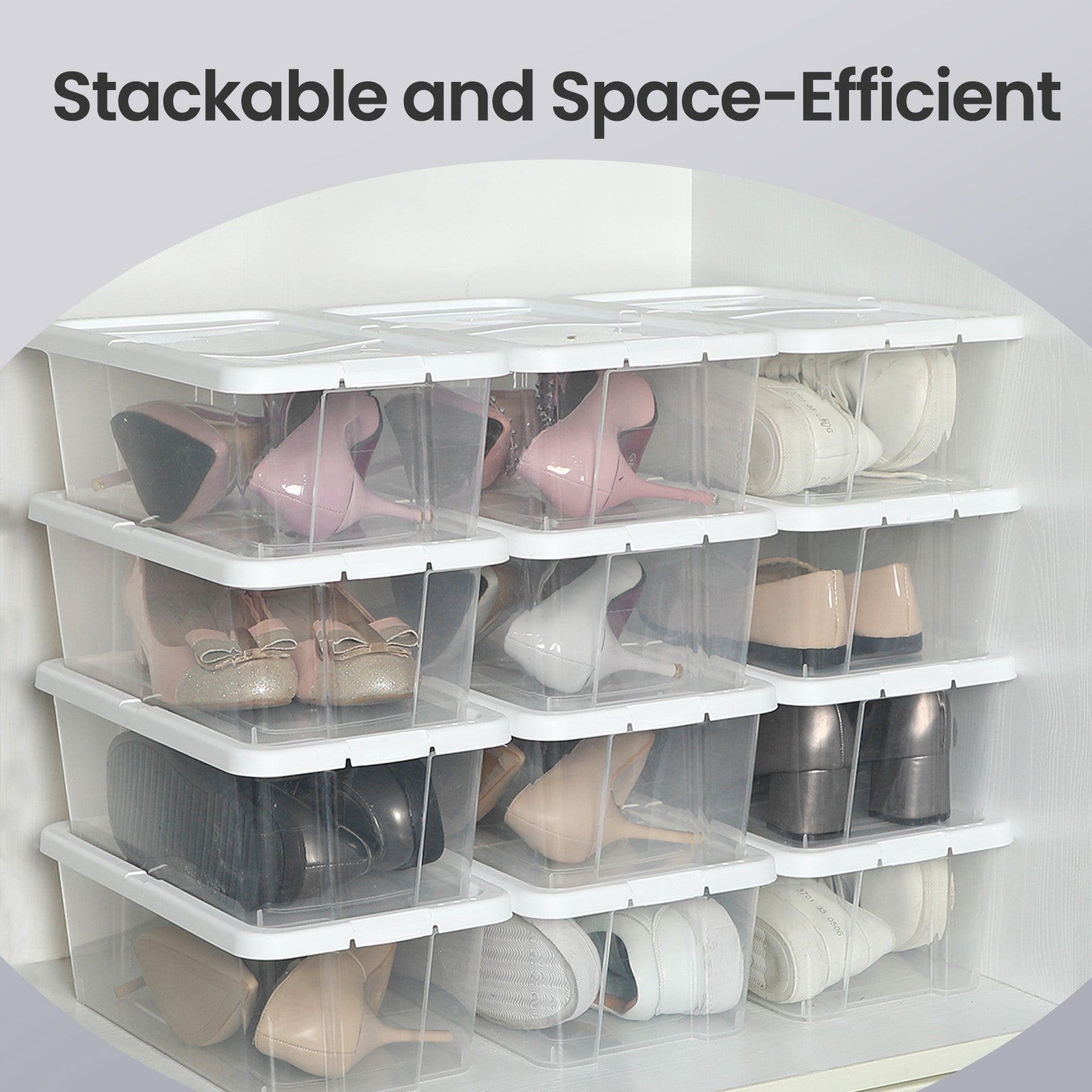 Set of 12 Shoe Boxes – Plastic – Transparent – Stackable with Lids