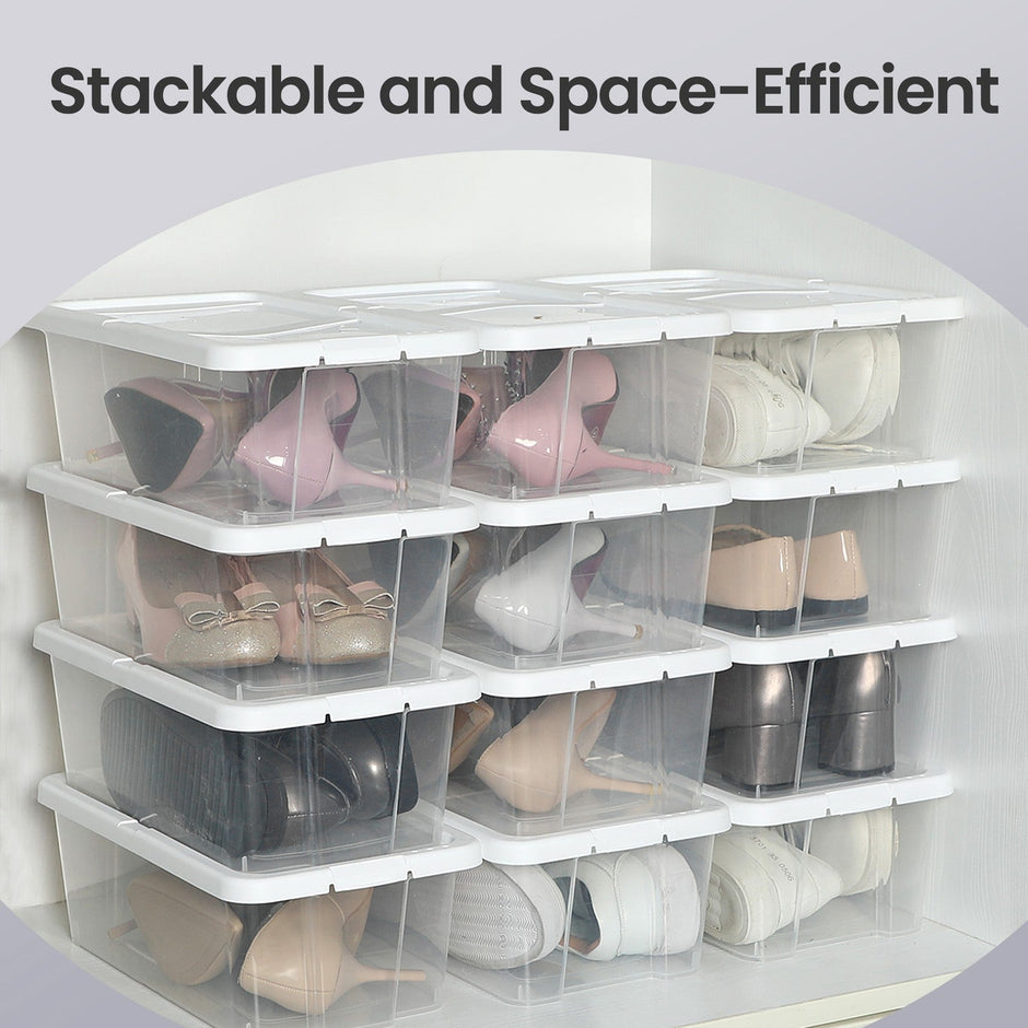 Set of 12 Shoe Boxes – Plastic – Transparent – Stackable with Lids