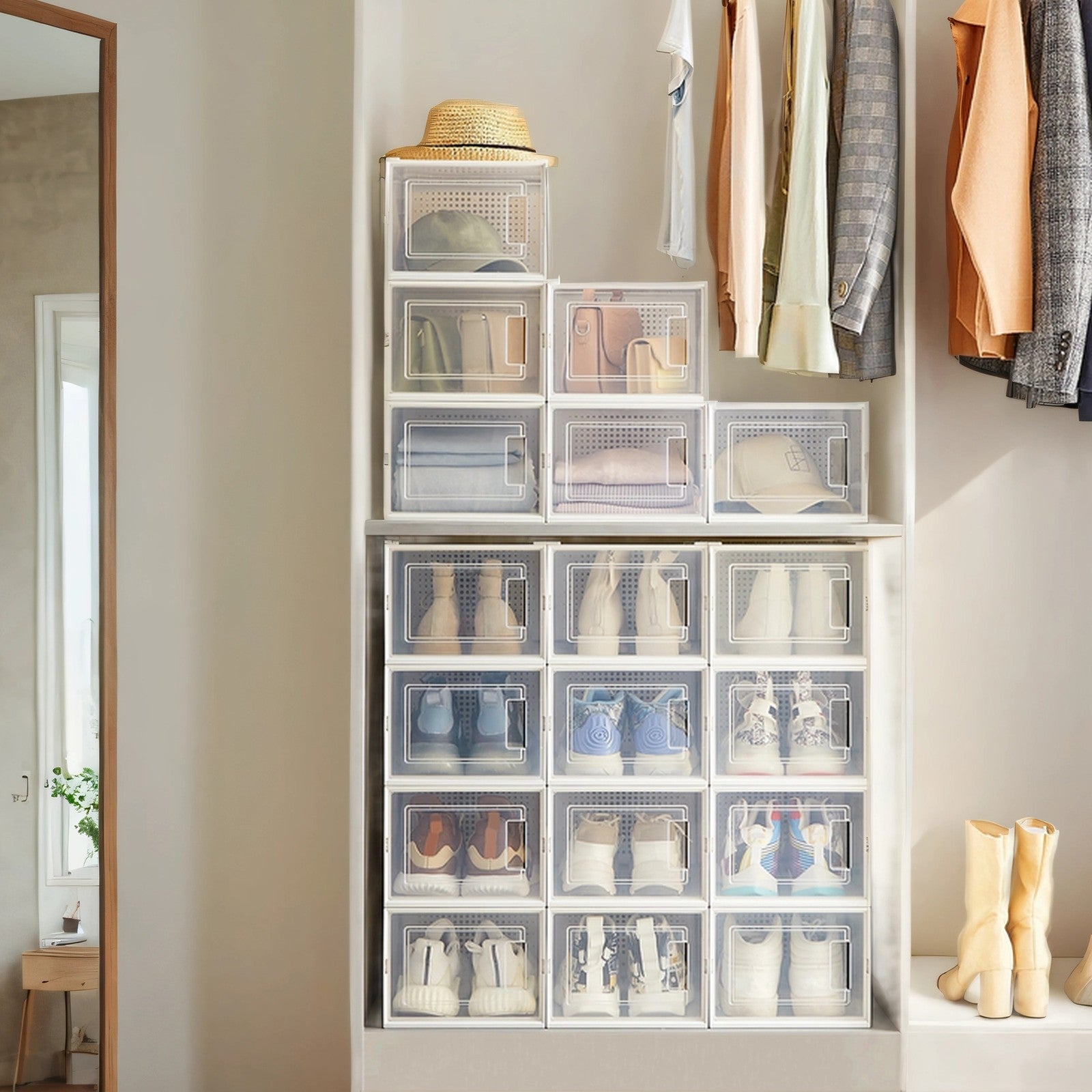 Pack of 18 Stackable Shoe Storage Organizers – Transparent and White – Fits UK Size 13 – Ideal for Space-Saving Organization