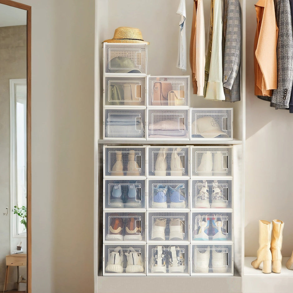 Pack of 18 Stackable Shoe Storage Organizers – Transparent and White – Fits UK Size 13 – Ideal for Space-Saving Organization