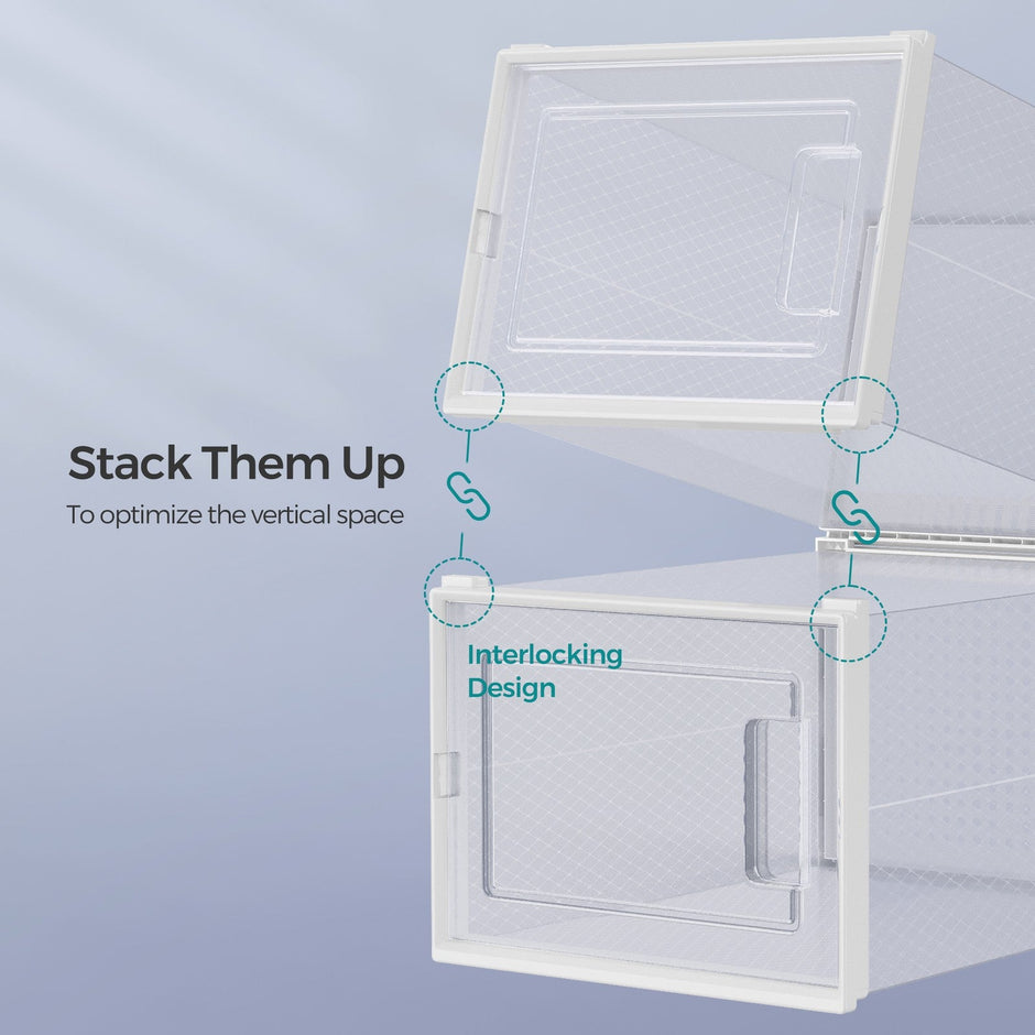 Pack of 18 Stackable Shoe Storage Organizers – Transparent and White – Fits UK Size 13 – Ideal for Space-Saving Organization