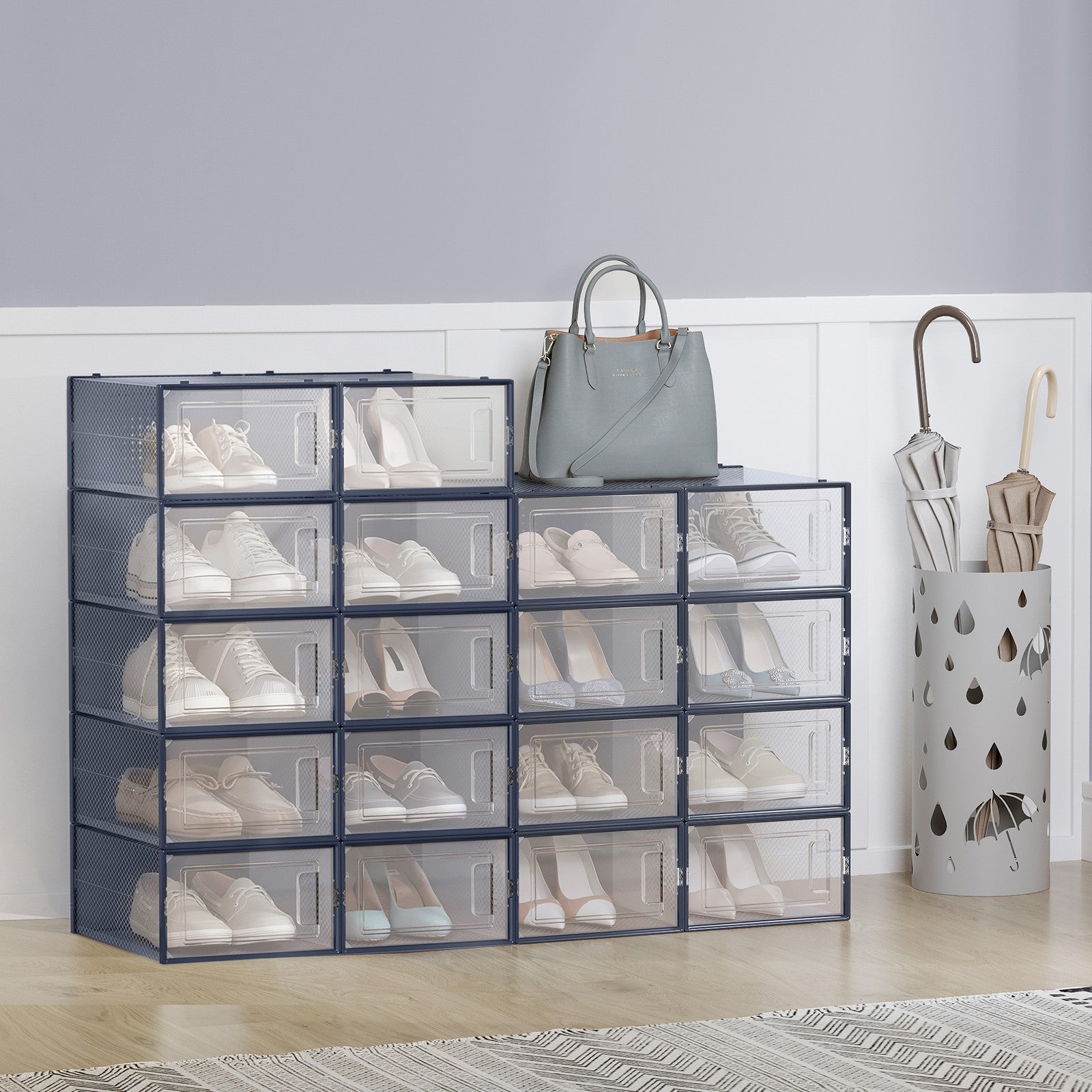Shoe Storage Organizers – Plastic – Transparent and White – Stackable, Pack of 18, Fits UK Size 13