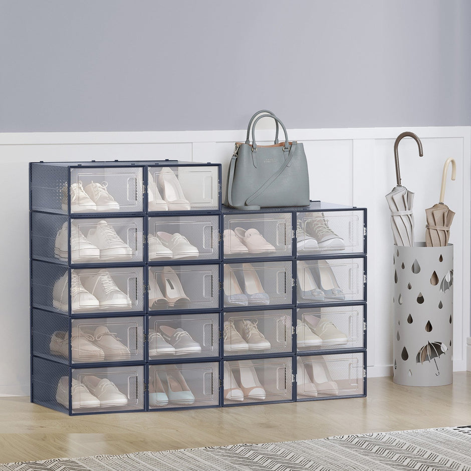 Shoe Storage Organizers – Plastic – Transparent and White – Stackable, Pack of 18, Fits UK Size 13