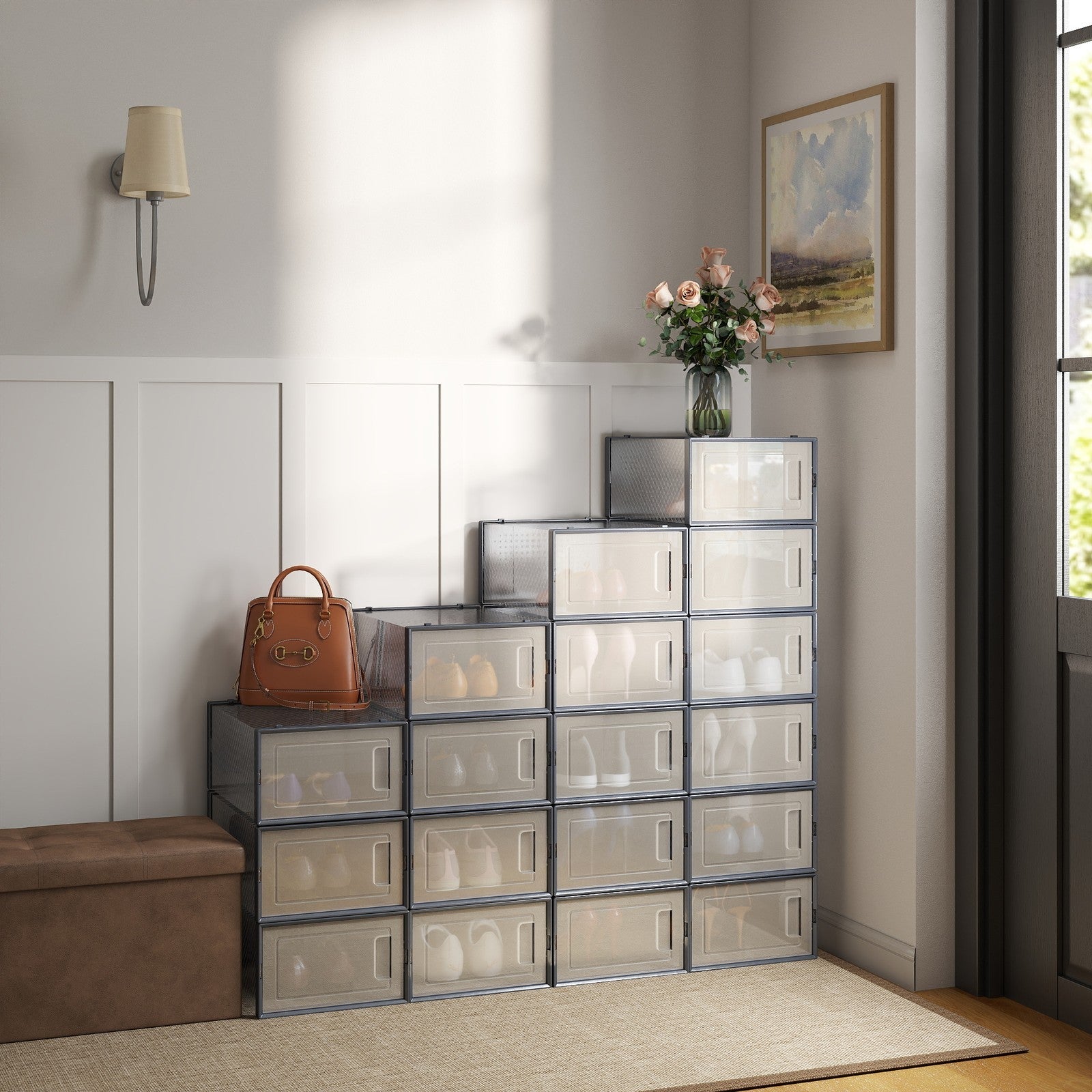 Shoe Storage Organizers – Plastic – Transparent and White – Stackable, Pack of 18, Fits UK Size 13