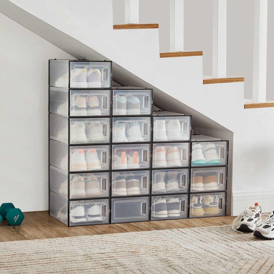 Shoe Storage Organizers – Plastic – Transparent and White – Stackable, Pack of 18, Fits UK Size 13