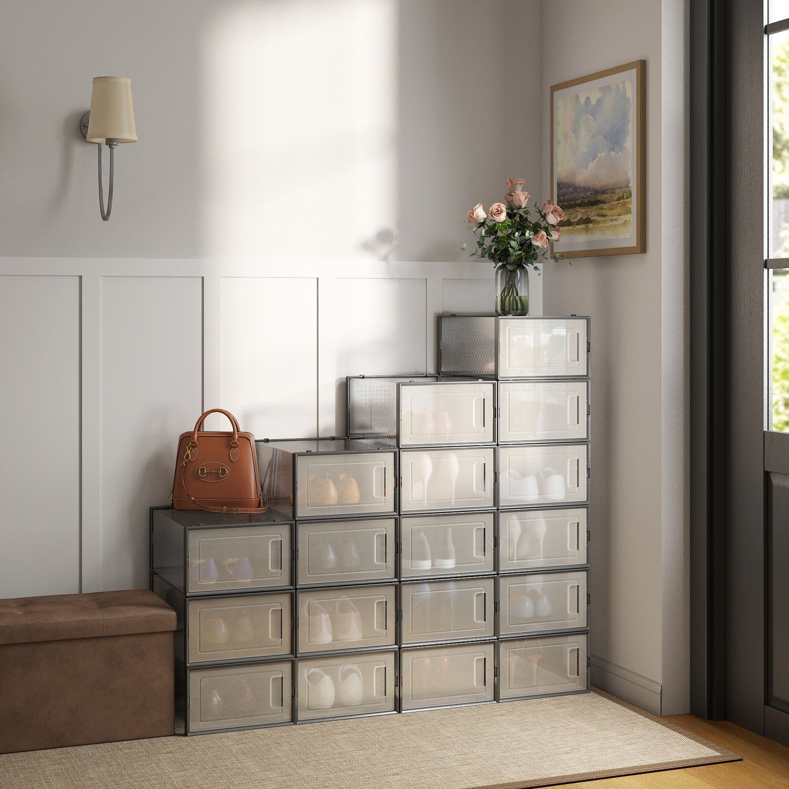 Shoe Storage Organizers – Plastic – Transparent and White – Stackable, Pack of 18, Fits UK Size 13