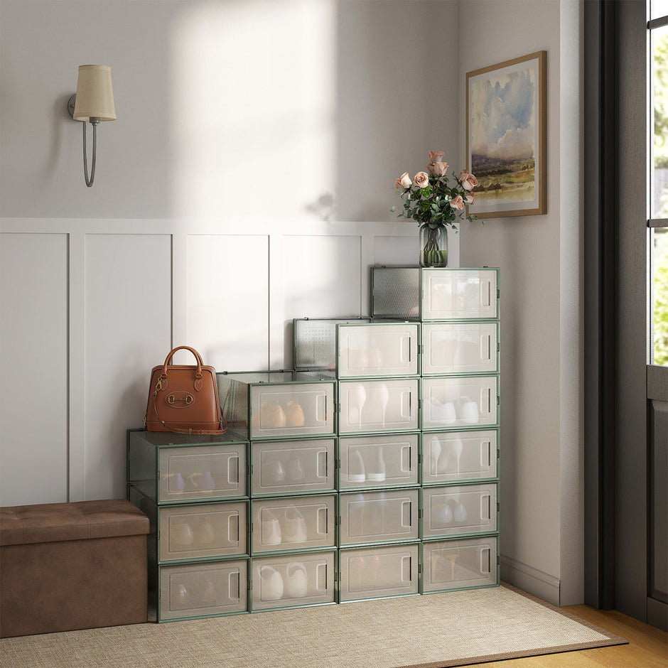 Shoe Storage Organizers – Plastic – Transparent and White – Stackable, Pack of 18, Fits UK Size 13