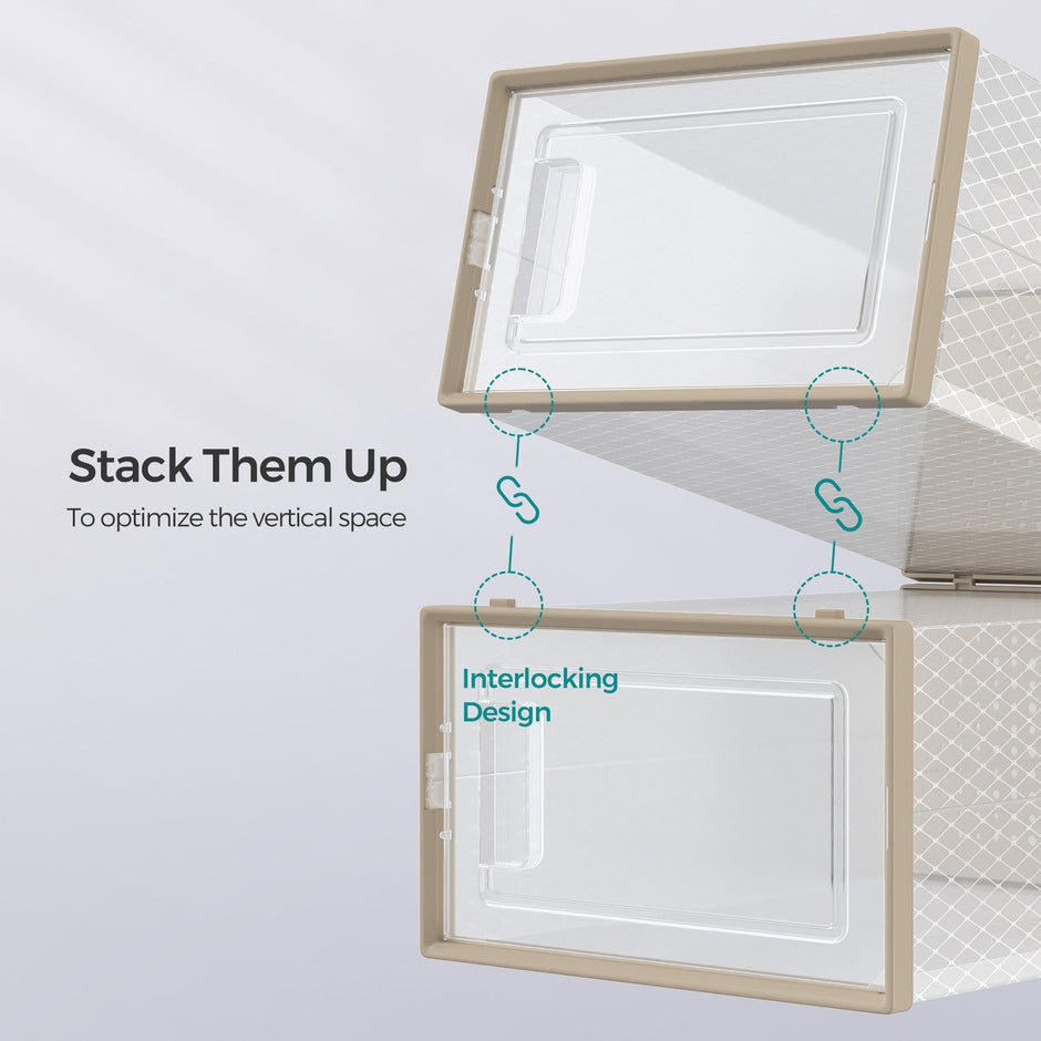 Shoe Storage Organizers – Plastic – Transparent and White – Stackable, Pack of 18, Fits UK Size 13