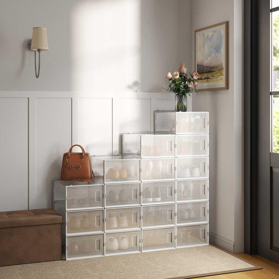 Shoe Storage Organizers – Plastic – Transparent and White – Stackable, Pack of 18, Fits UK Size 13
