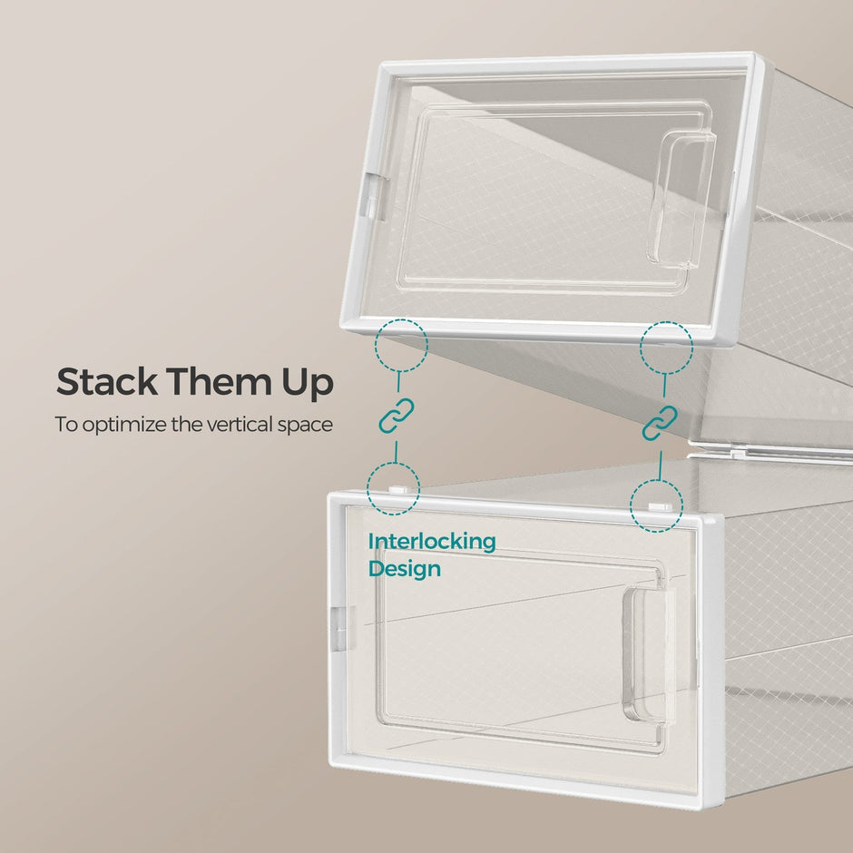 Shoe Storage Organizers – Plastic – Transparent and White – Stackable, Pack of 18, Fits UK Size 13