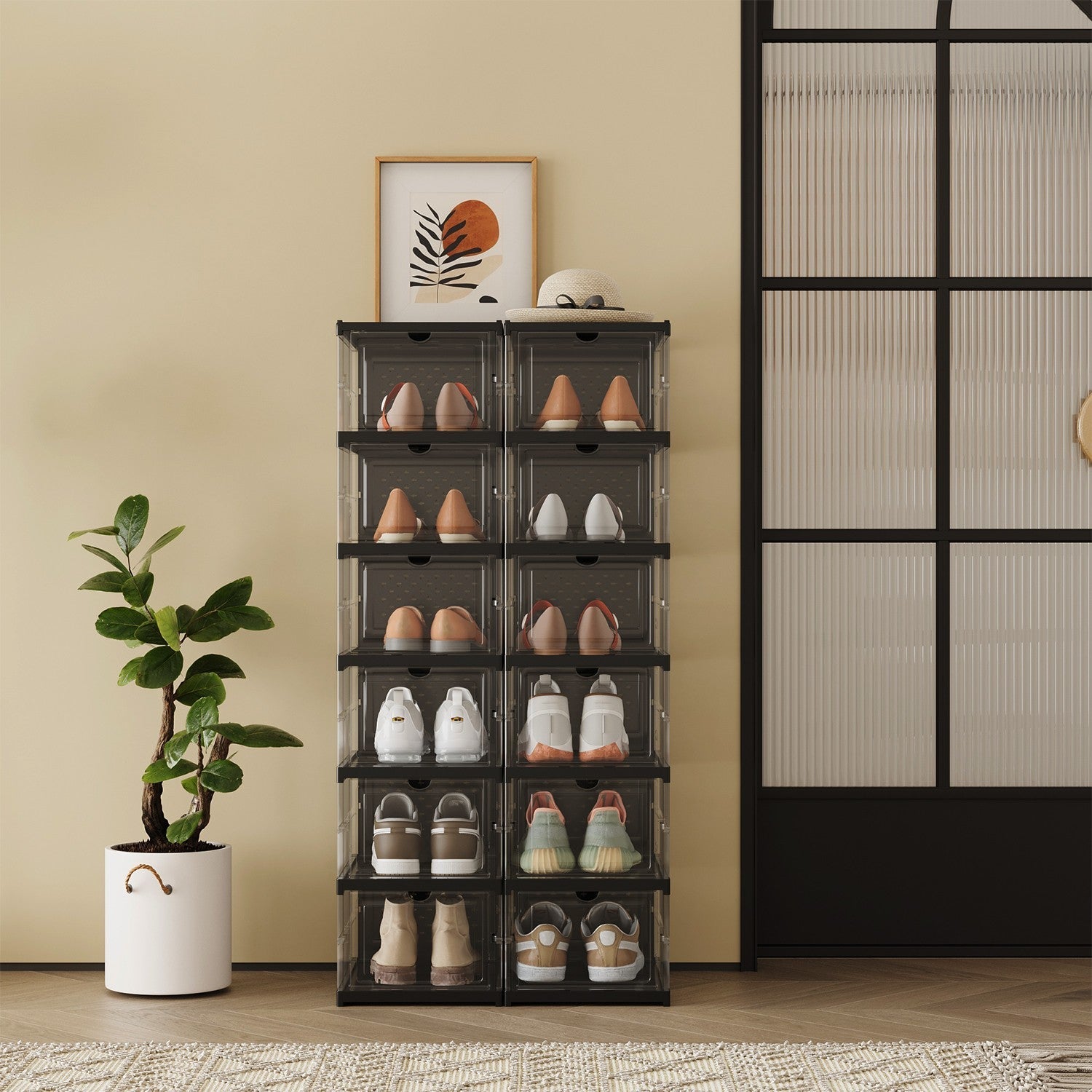 Set of 12 Stackable Foldable Shoe Storage Organizers – Transparent – For US Size 13