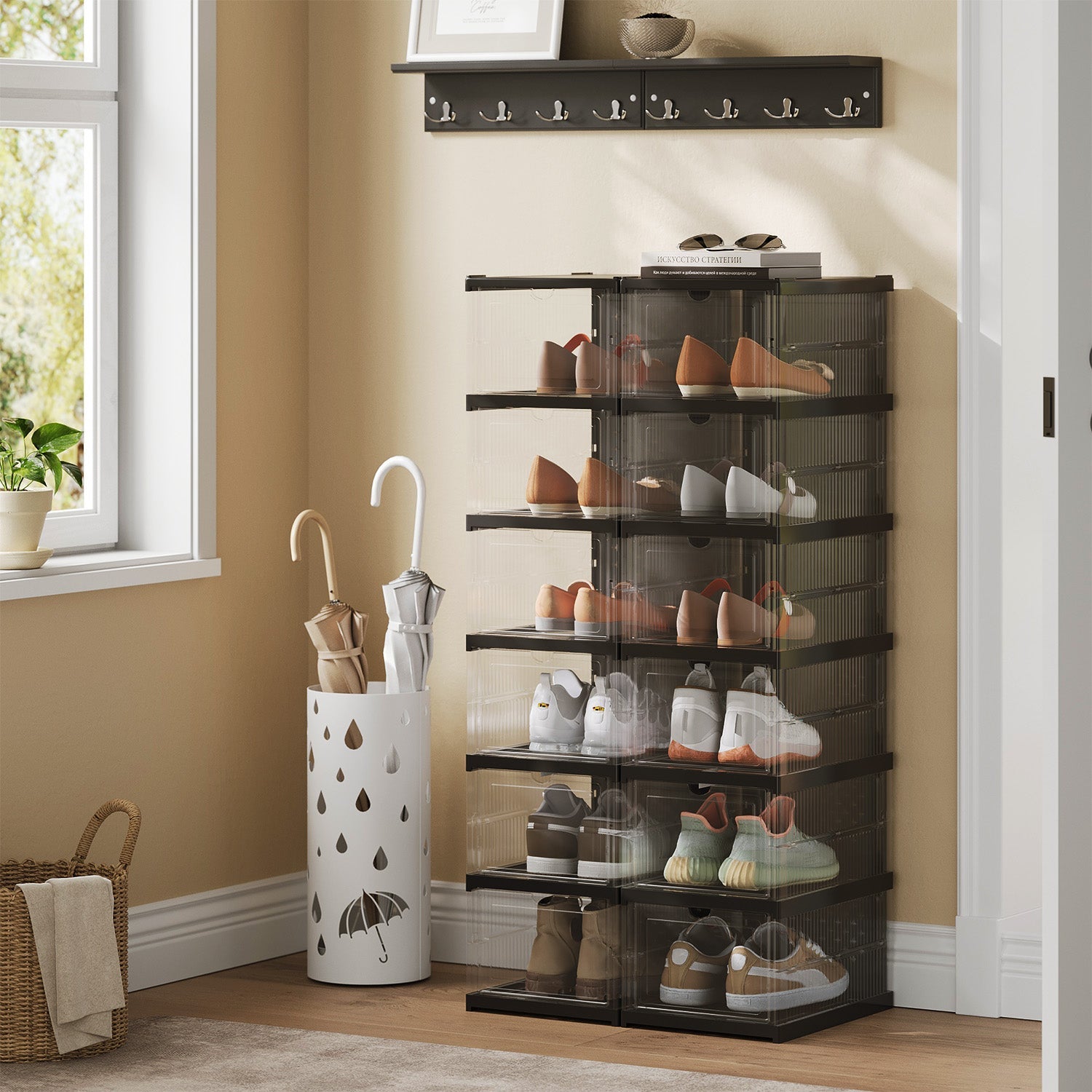 Set of 12 Stackable Foldable Shoe Storage Organizers – Transparent – For US Size 13