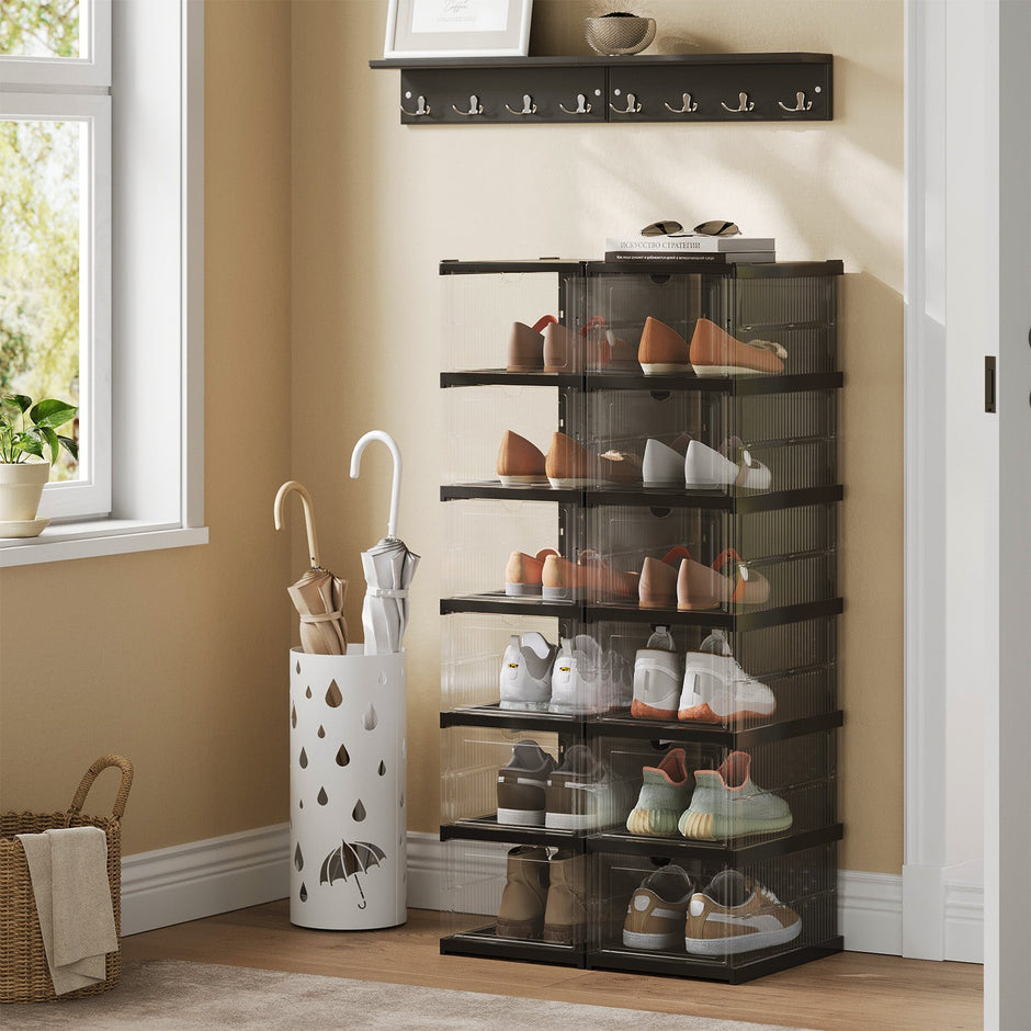 Set of 12 Stackable Foldable Shoe Storage Organizers – Transparent – For US Size 13