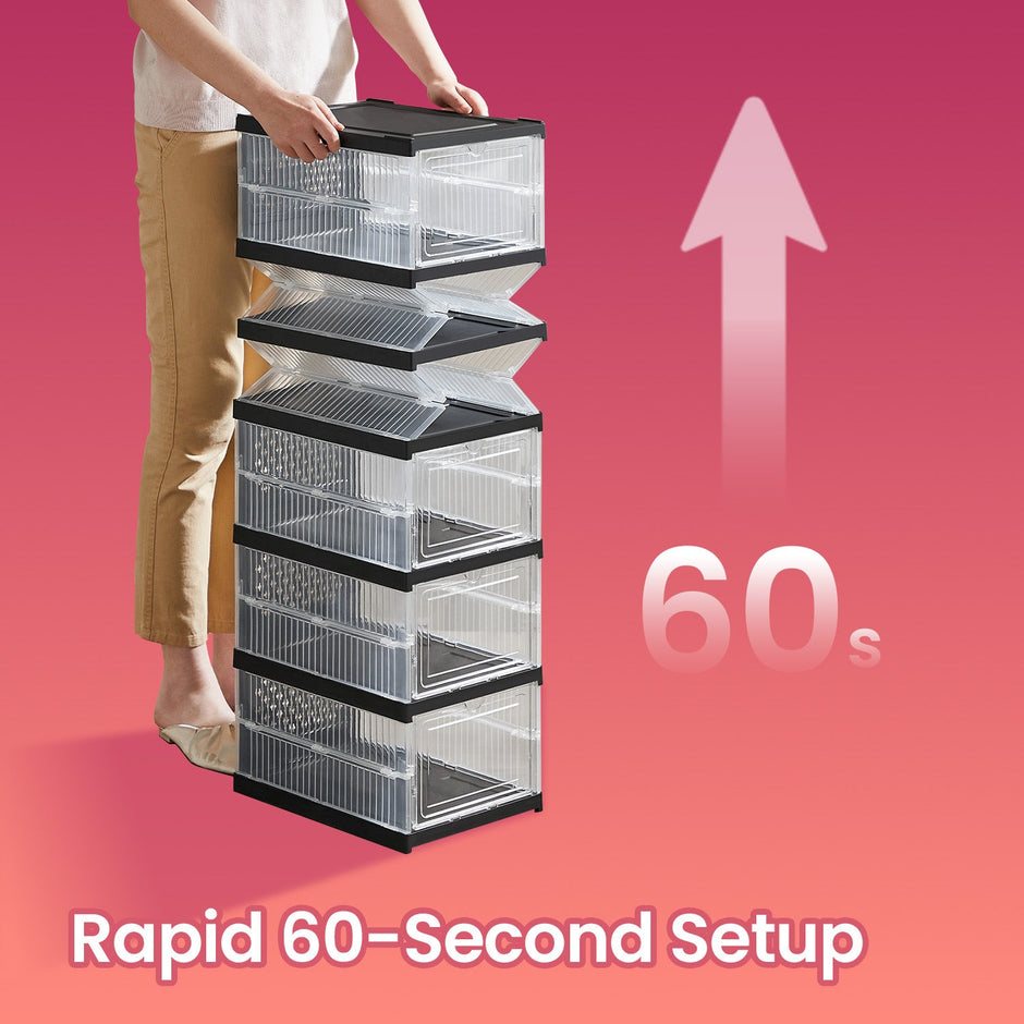 Set of 12 Stackable Foldable Shoe Storage Organizers – Transparent – For US Size 13