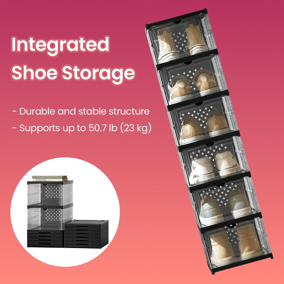 Set of 12 Stackable Foldable Shoe Storage Organizers – Transparent – For US Size 13