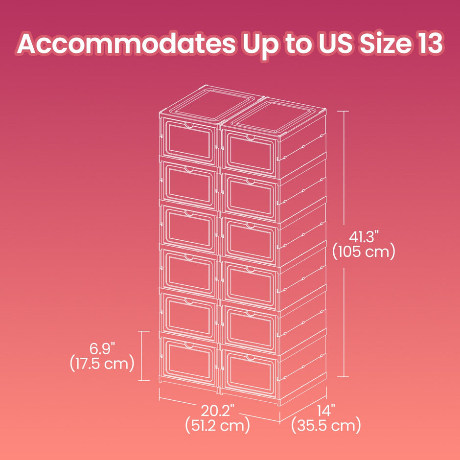 Set of 12 Stackable Foldable Shoe Storage Organizers – Transparent – For US Size 13