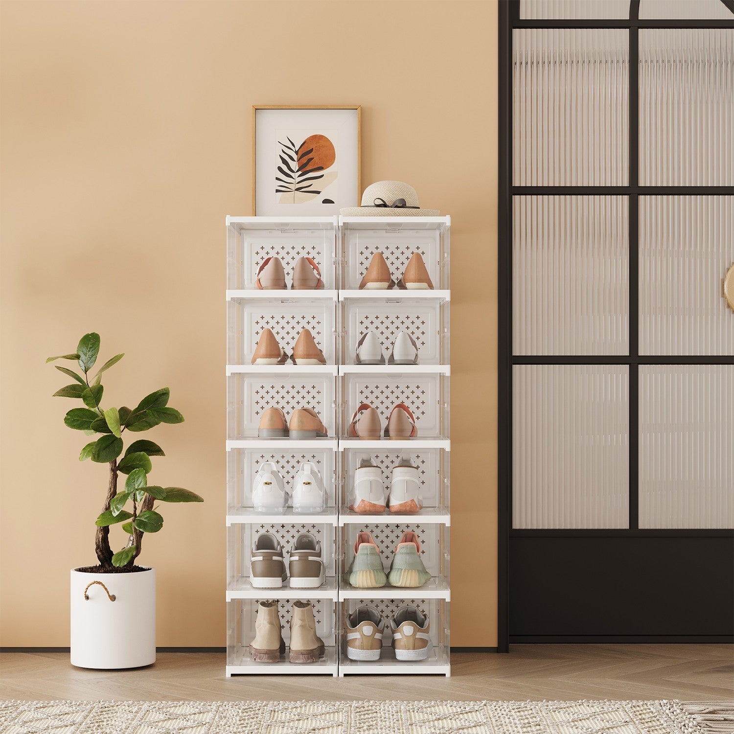 Set of 12 Stackable Foldable Shoe Storage Organizers – Transparent – For US Size 13