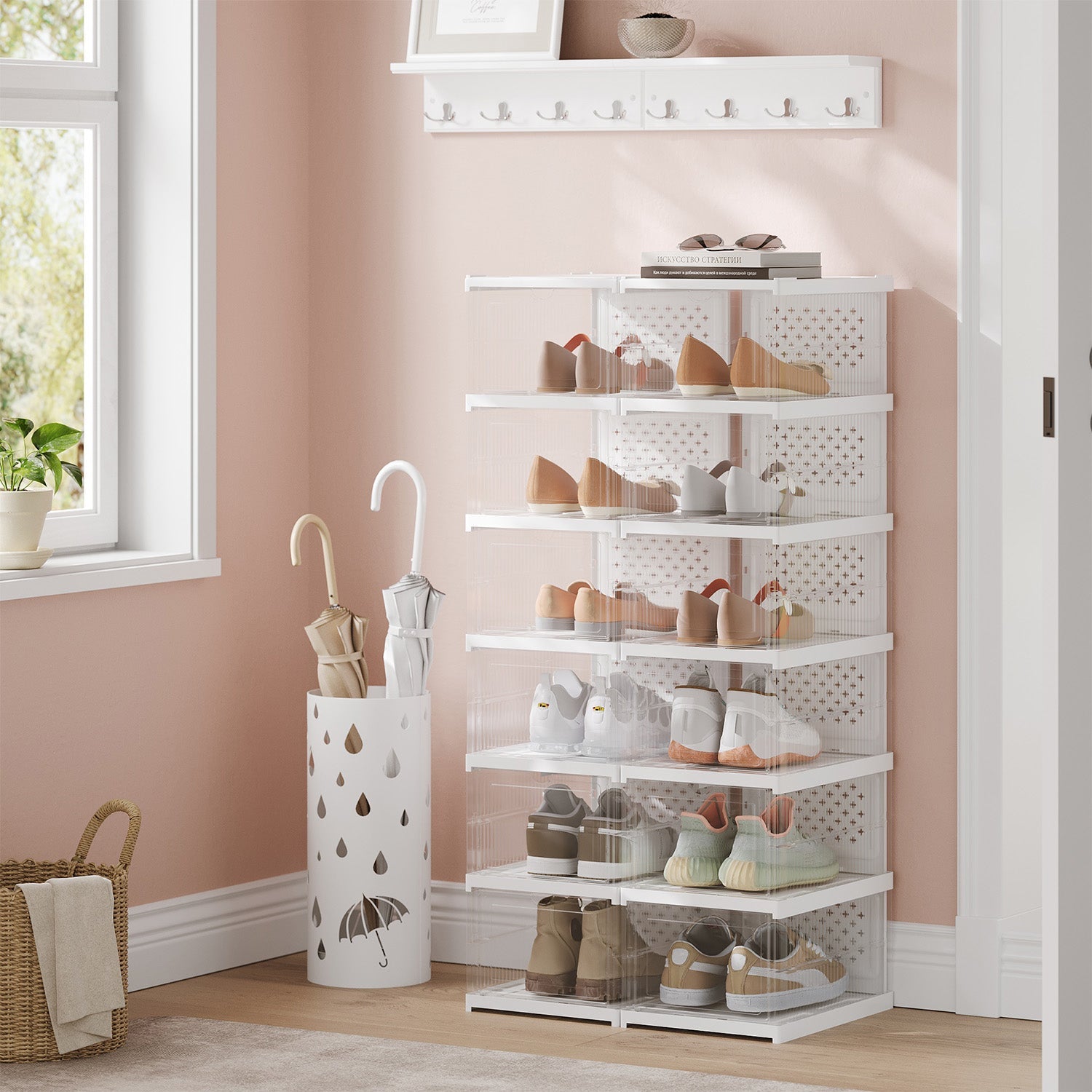 Set of 12 Stackable Foldable Shoe Storage Organizers – Transparent – For US Size 13
