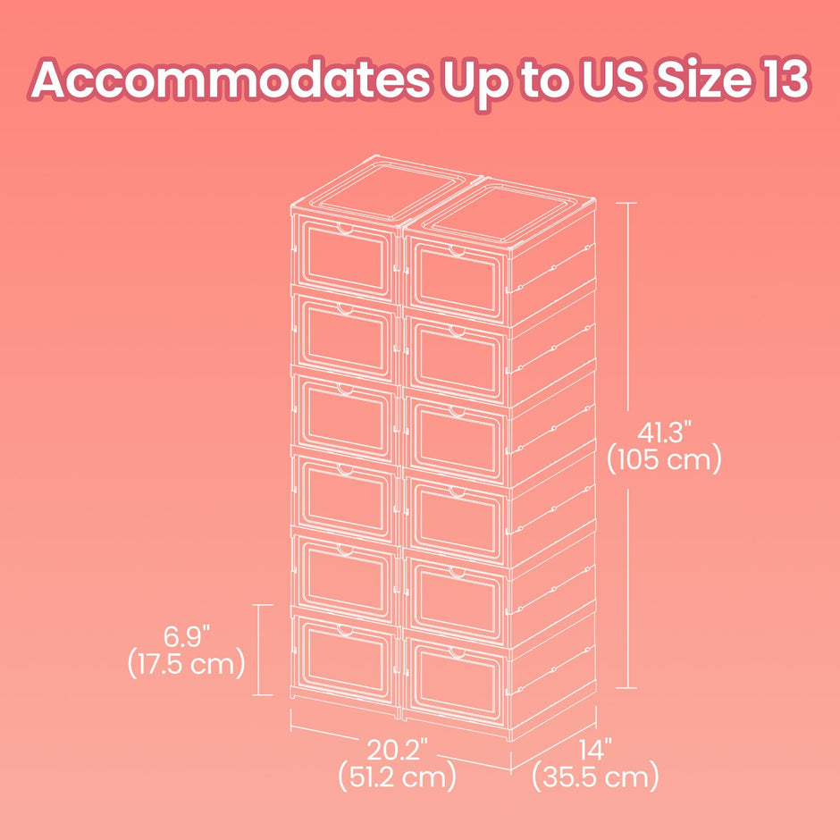 Set of 12 Stackable Foldable Shoe Storage Organizers – Transparent – For US Size 13