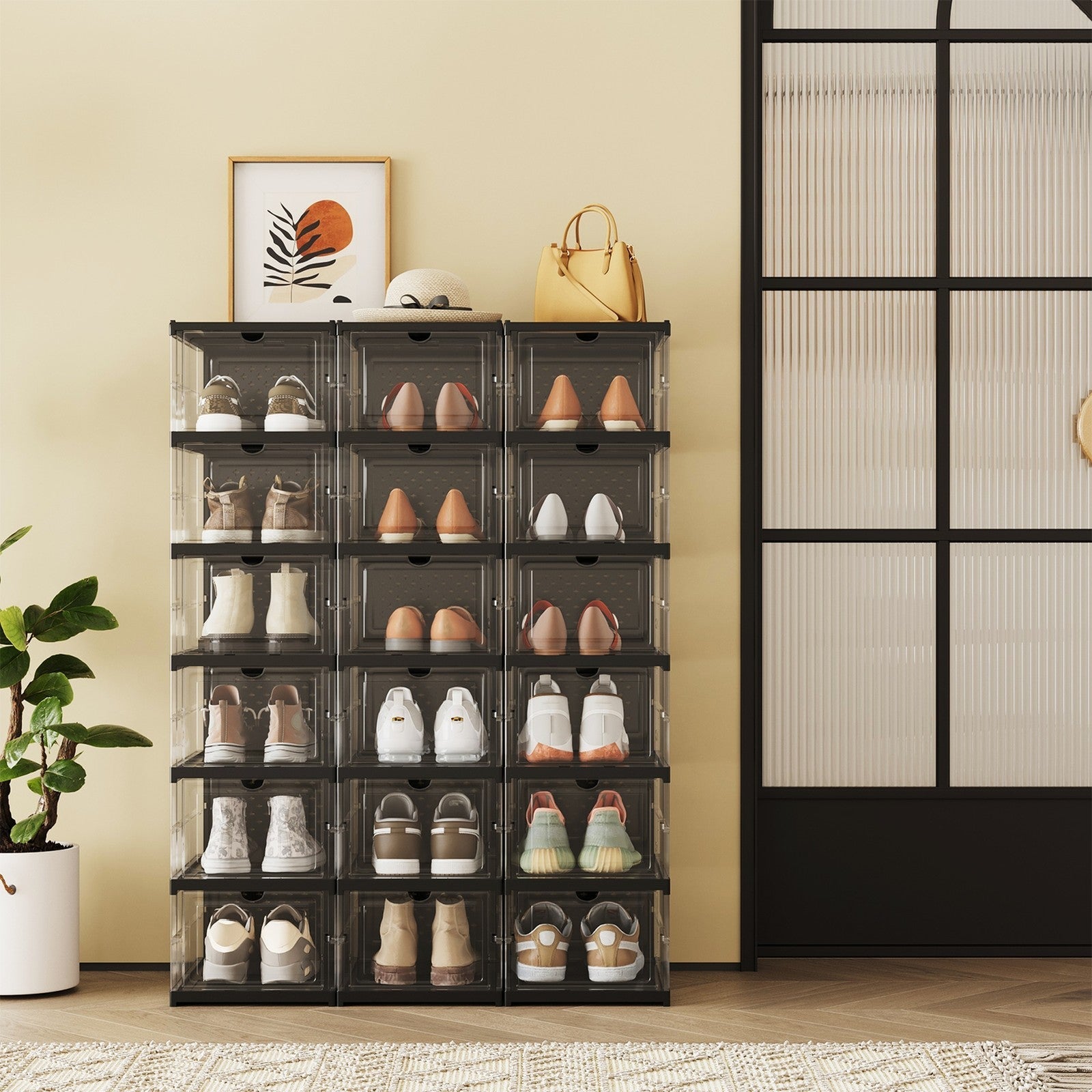 Shoe Storage Organizer Set – Transparent and Ink Black – Stackable and Foldable – Fits Up to US Size 13
