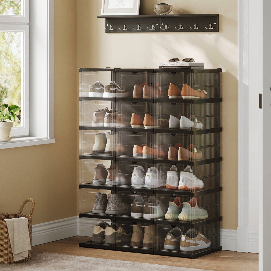 Shoe Storage Organizer Set – Transparent and Ink Black – Stackable and Foldable – Fits Up to US Size 13