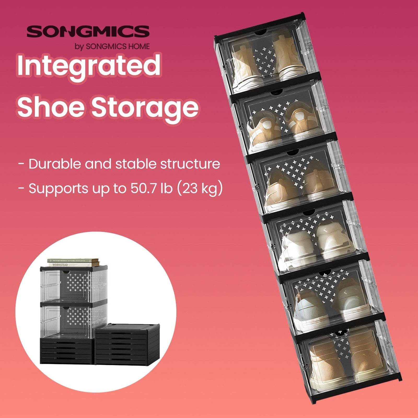 Shoe Storage Organizer Set – Transparent and Ink Black – Stackable and Foldable – Fits Up to US Size 13