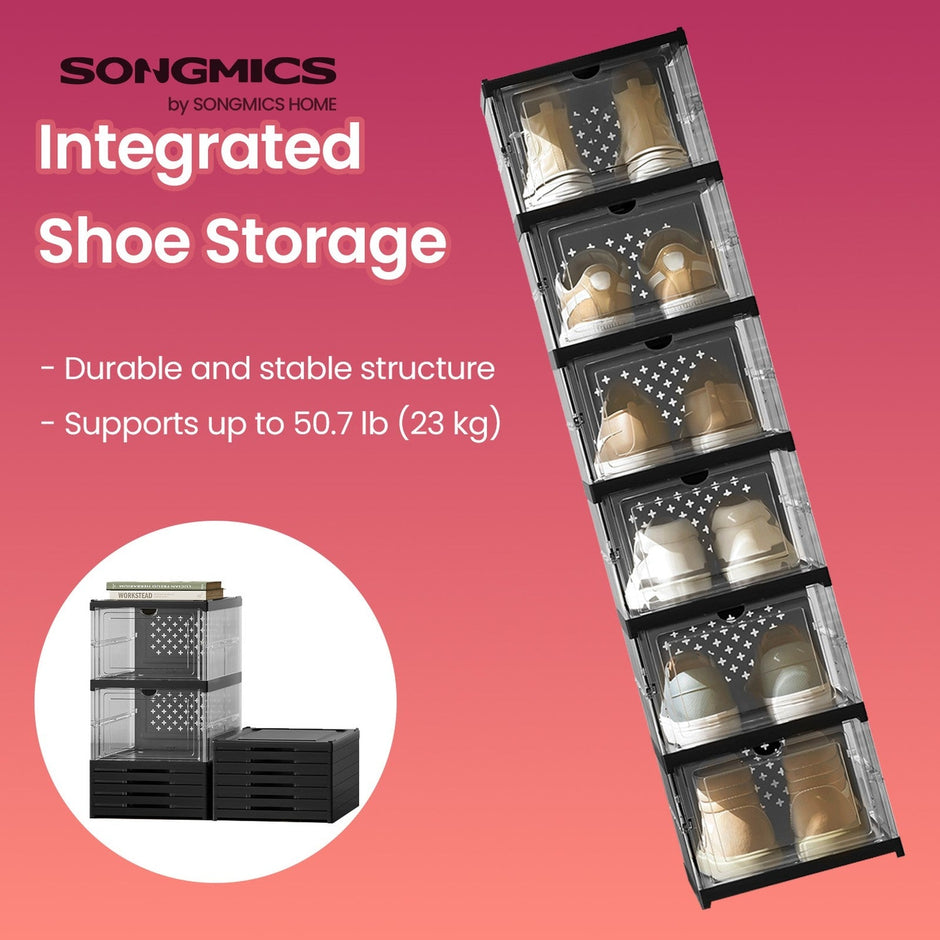 Shoe Storage Organizer Set – Transparent and Ink Black – Stackable and Foldable – Fits Up to US Size 13