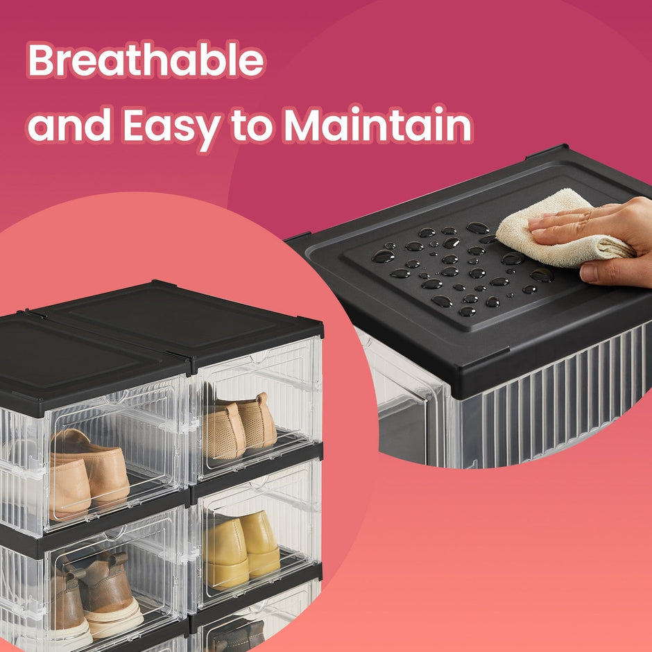 Shoe Storage Organizer Set – Transparent and Ink Black – Stackable and Foldable – Fits Up to US Size 13