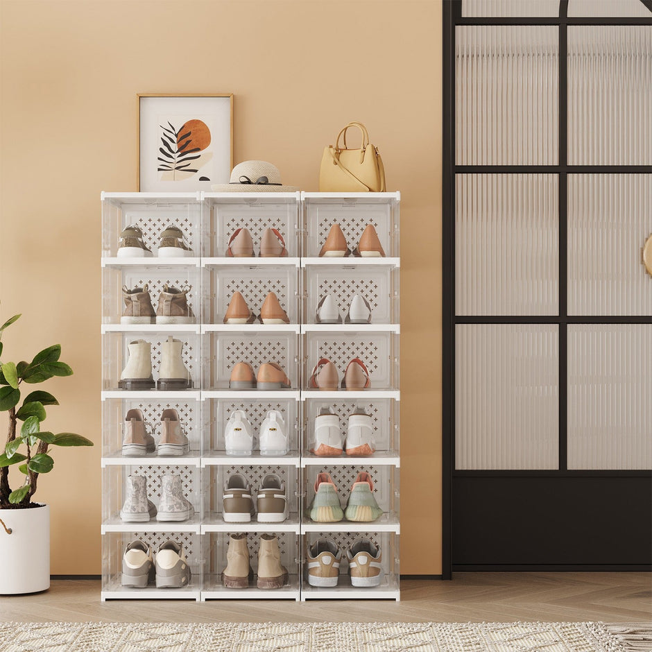Shoe Storage Organizer Set – Transparent and Ink Black – Stackable and Foldable – Fits Up to US Size 13