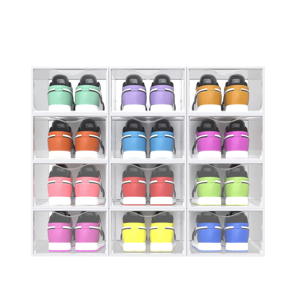 Shoe Storage Organizer – Plastic – Transparent and Cloud White – Set of 12 Stackable Boxes