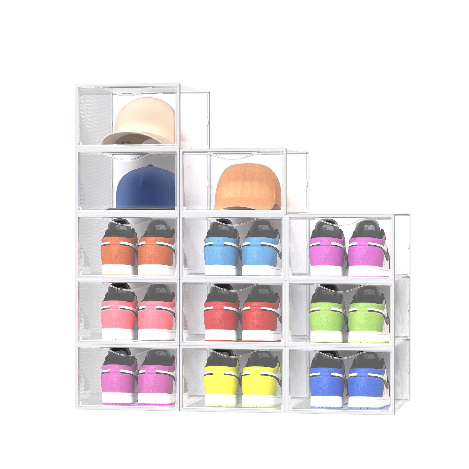 Shoe Storage Organizer – Plastic – Transparent and Cloud White – Set of 12 Stackable Boxes