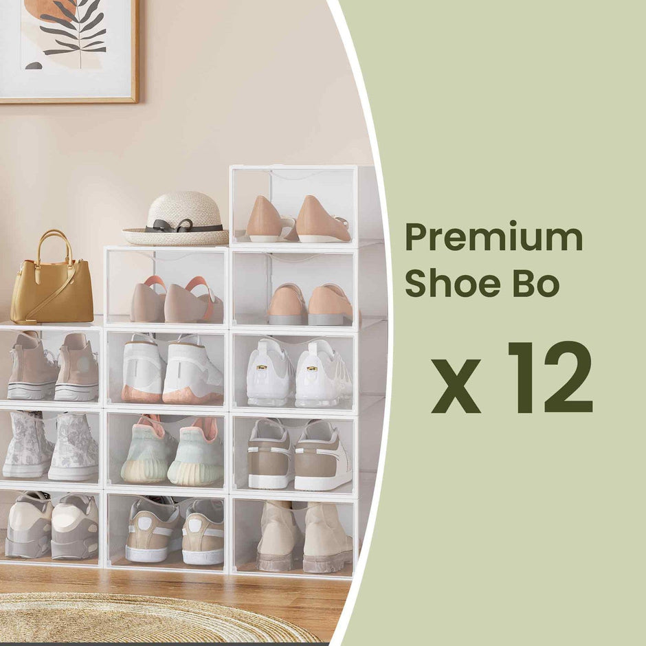 Shoe Storage Organizer – Plastic – Transparent and Cloud White – Set of 12 Stackable Boxes
