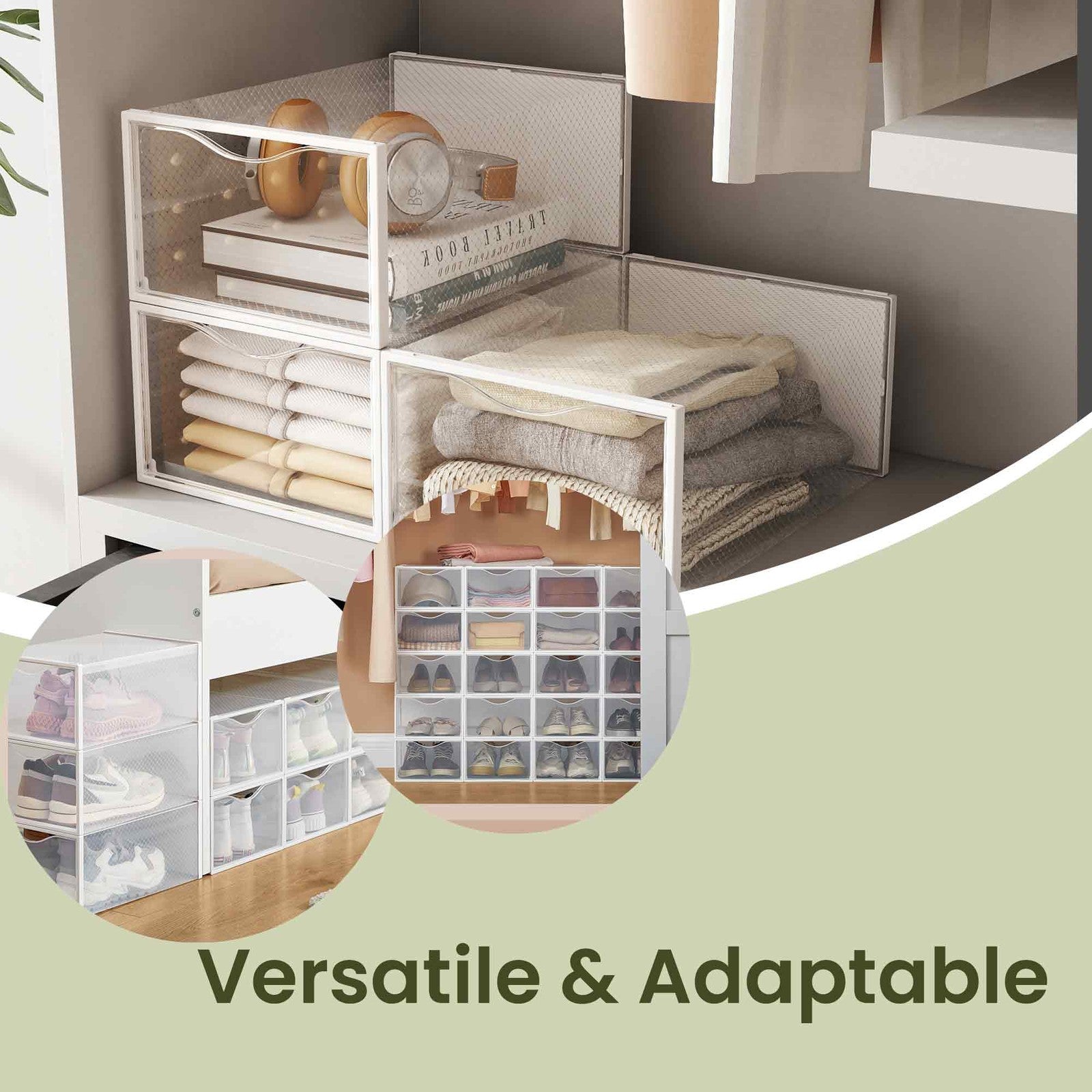 Shoe Storage Organizer – Plastic – Transparent and Cloud White – Set of 12 Stackable Boxes