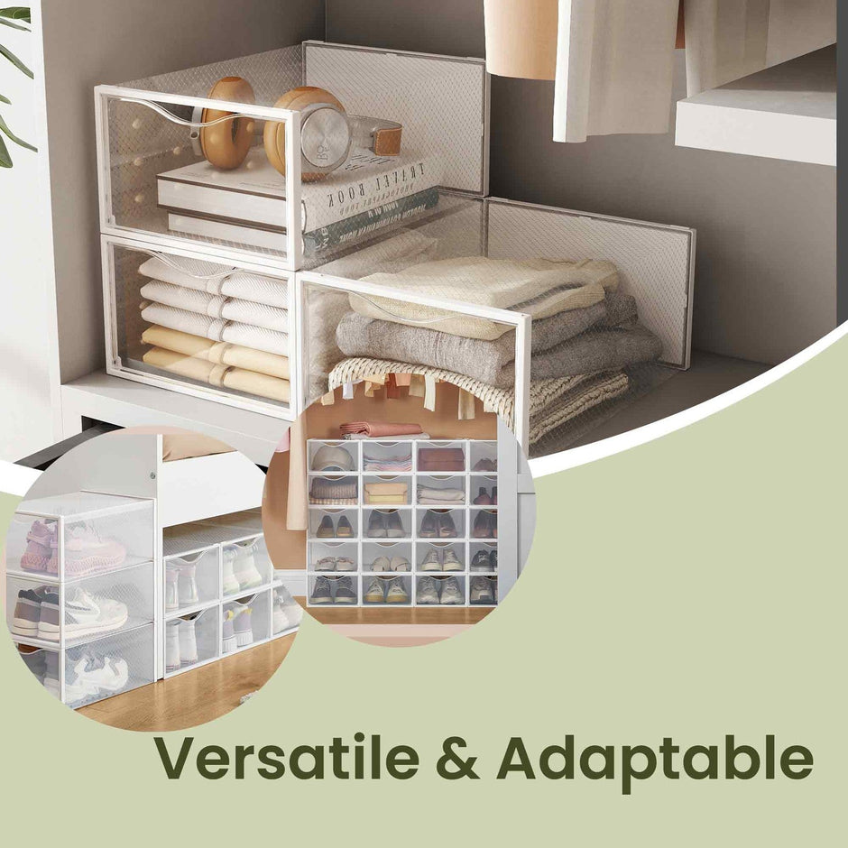 Shoe Storage Organizer – Plastic – Transparent and Cloud White – Set of 12 Stackable Boxes