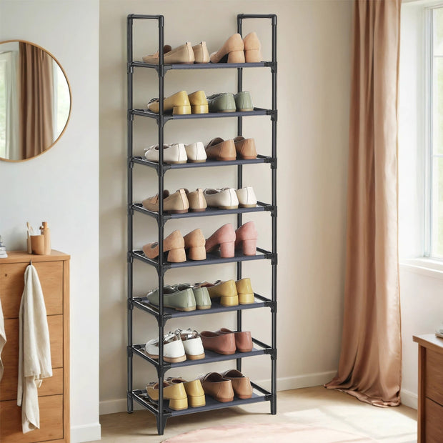 8-Tier Shoe Rack – Metal Frame and Non-Woven Fabric – Grey – Multifunctional Organizer for 16-20 Pairs