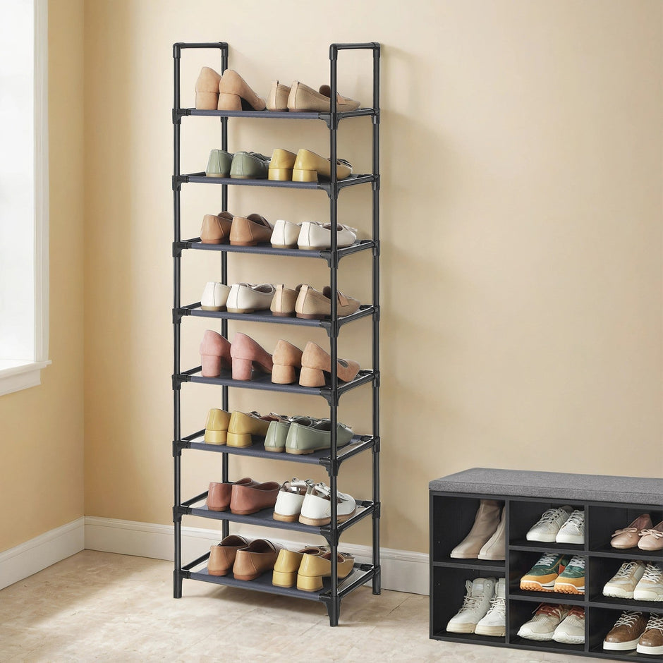8-Tier Shoe Rack – Metal Frame and Non-Woven Fabric – Grey – Multifunctional Organizer for 16-20 Pairs