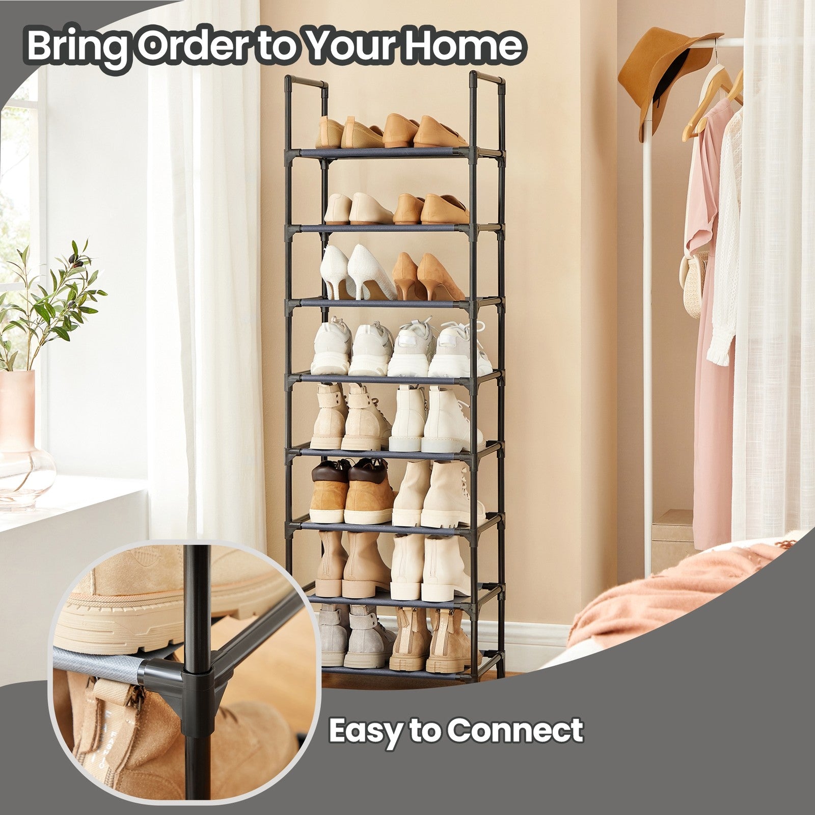 8-Tier Shoe Rack – Metal Frame and Non-Woven Fabric – Grey – Multifunctional Organizer for 16-20 Pairs