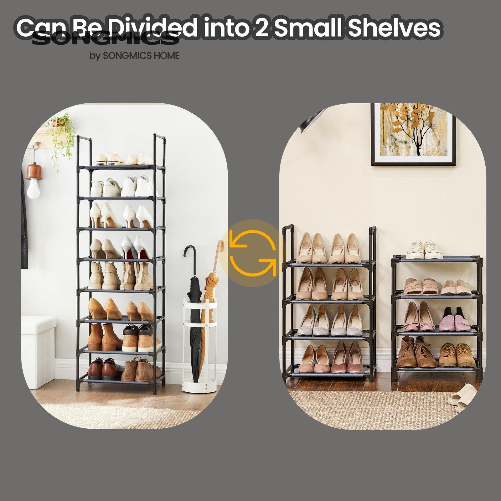8-Tier Shoe Rack – Metal Frame and Non-Woven Fabric – Grey – Multifunctional Organizer for 16-20 Pairs