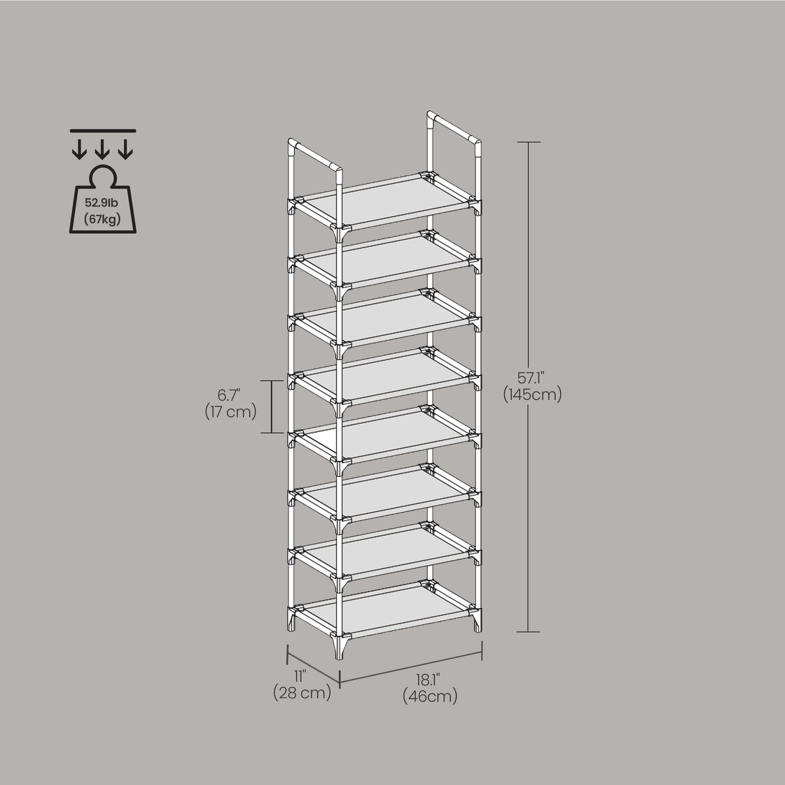 8-Tier Shoe Rack – Metal Frame and Non-Woven Fabric – Grey – Multifunctional Organizer for 16-20 Pairs