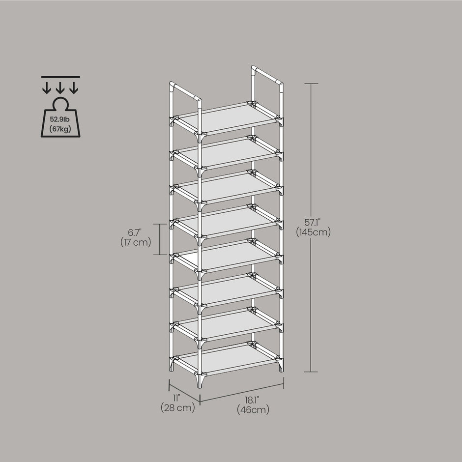 8-Tier Shoe Rack – Metal Frame and Non-Woven Fabric – Grey – Multifunctional Organizer for 16-20 Pairs
